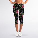 Wild Flowers And Hummingbird Print Women's Capri Leggings