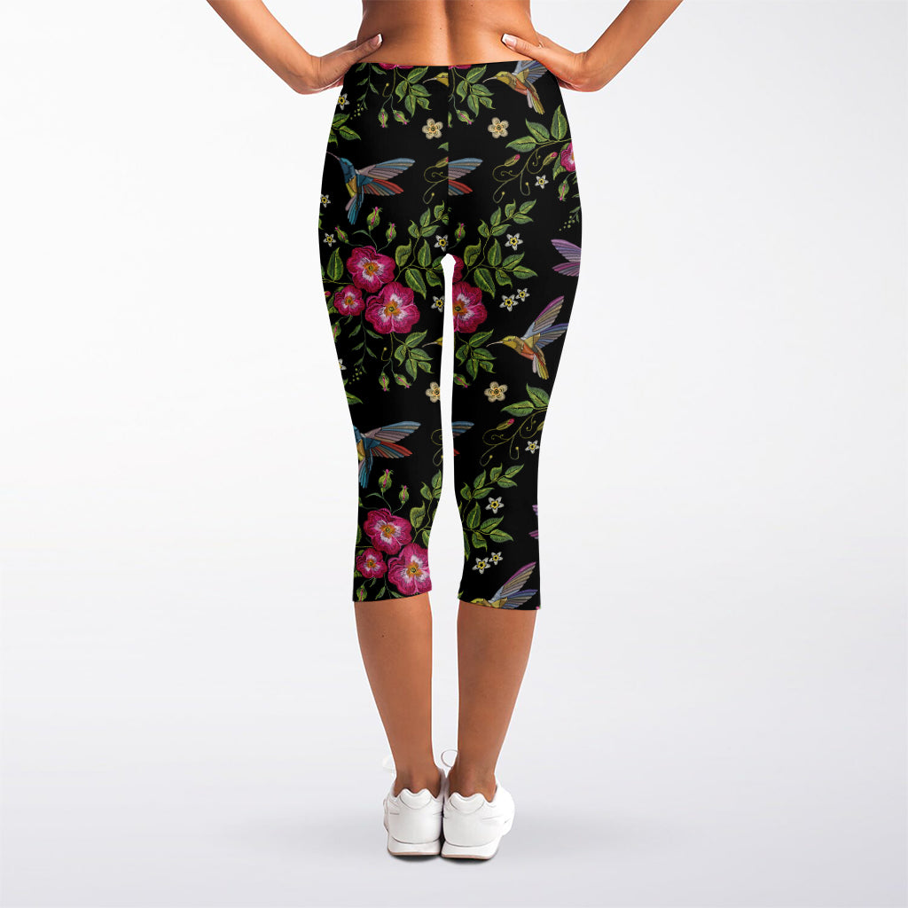 Wild Flowers And Hummingbird Print Women's Capri Leggings