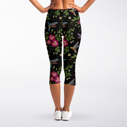 Wild Flowers And Hummingbird Print Women's Capri Leggings