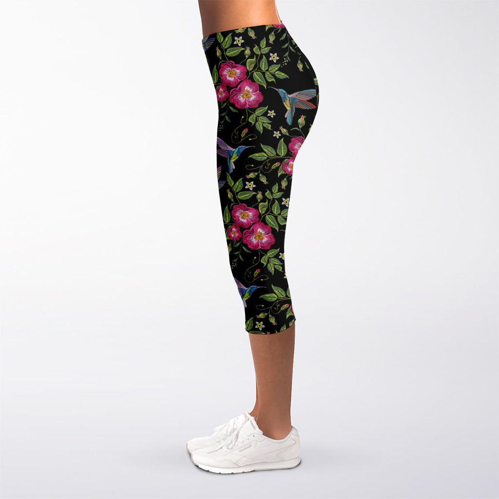 Wild Flowers And Hummingbird Print Women's Capri Leggings