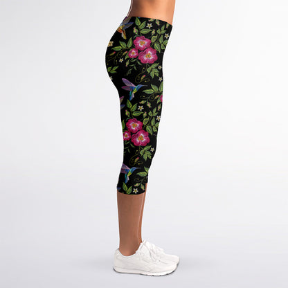 Wild Flowers And Hummingbird Print Women's Capri Leggings