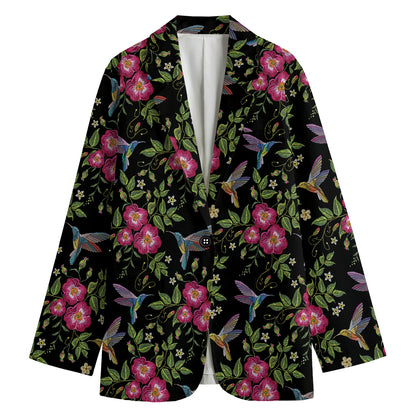 Wild Flowers And Hummingbird Print Women's Cotton Blazer