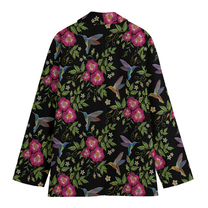 Wild Flowers And Hummingbird Print Women's Cotton Blazer