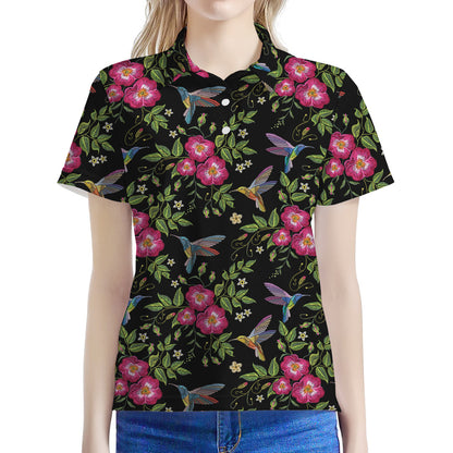 Wild Flowers And Hummingbird Print Women's Polo Shirt
