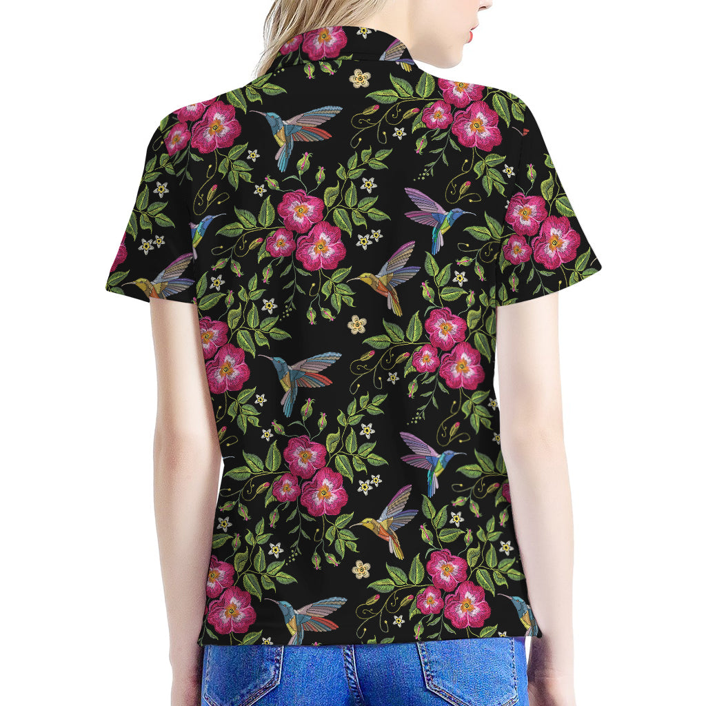 Wild Flowers And Hummingbird Print Women's Polo Shirt