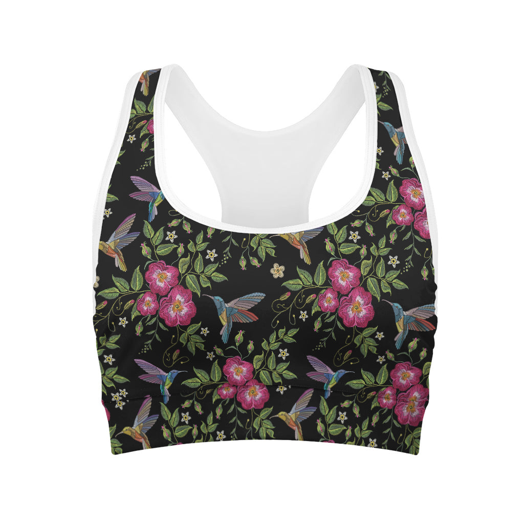 Wild Flowers And Hummingbird Print Women's Sports Bra