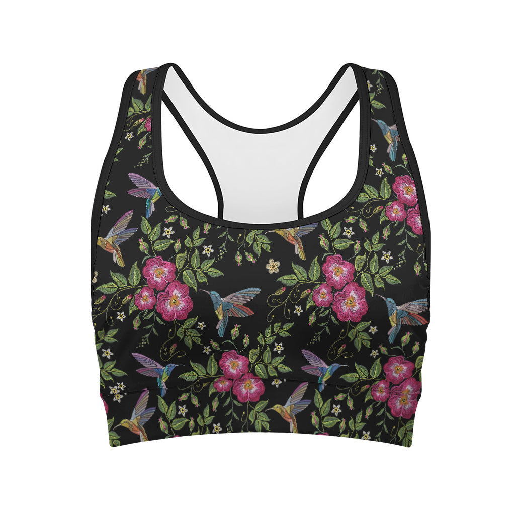 Wild Flowers And Hummingbird Print Women's Sports Bra