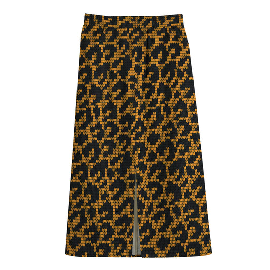 Wild Leopard Knitted Pattern Print Cotton Front Slit Maxi Skirt