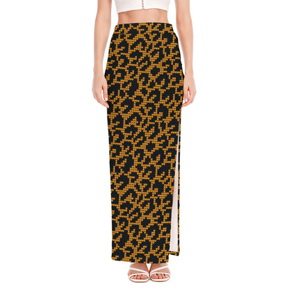 Wild Leopard Knitted Pattern Print High Slit Maxi Skirt