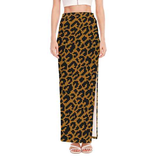 Wild Leopard Knitted Pattern Print High Slit Maxi Skirt