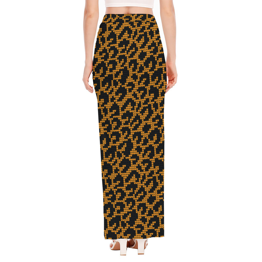 Wild Leopard Knitted Pattern Print High Slit Maxi Skirt