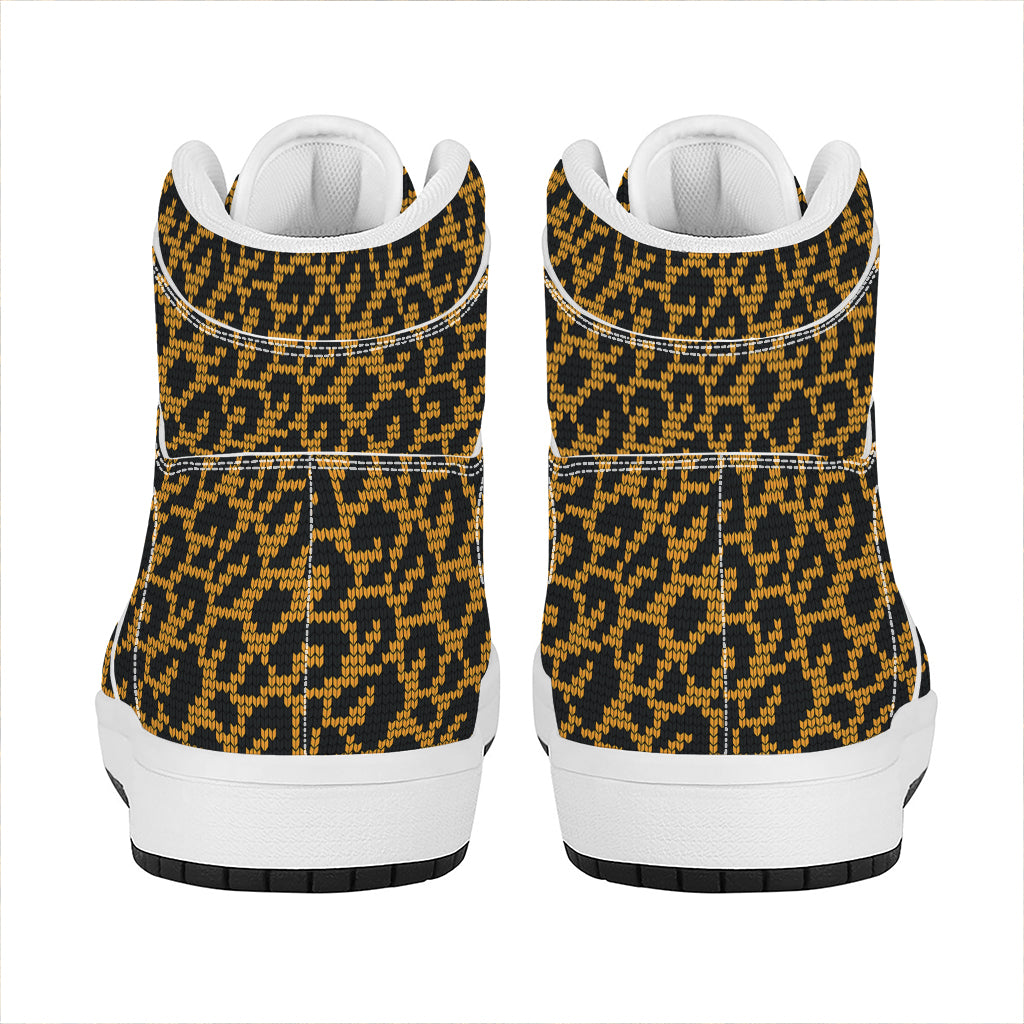 Wild Leopard Knitted Pattern Print High Top Leather Sneakers