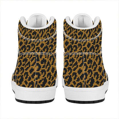 Wild Leopard Knitted Pattern Print High Top Leather Sneakers