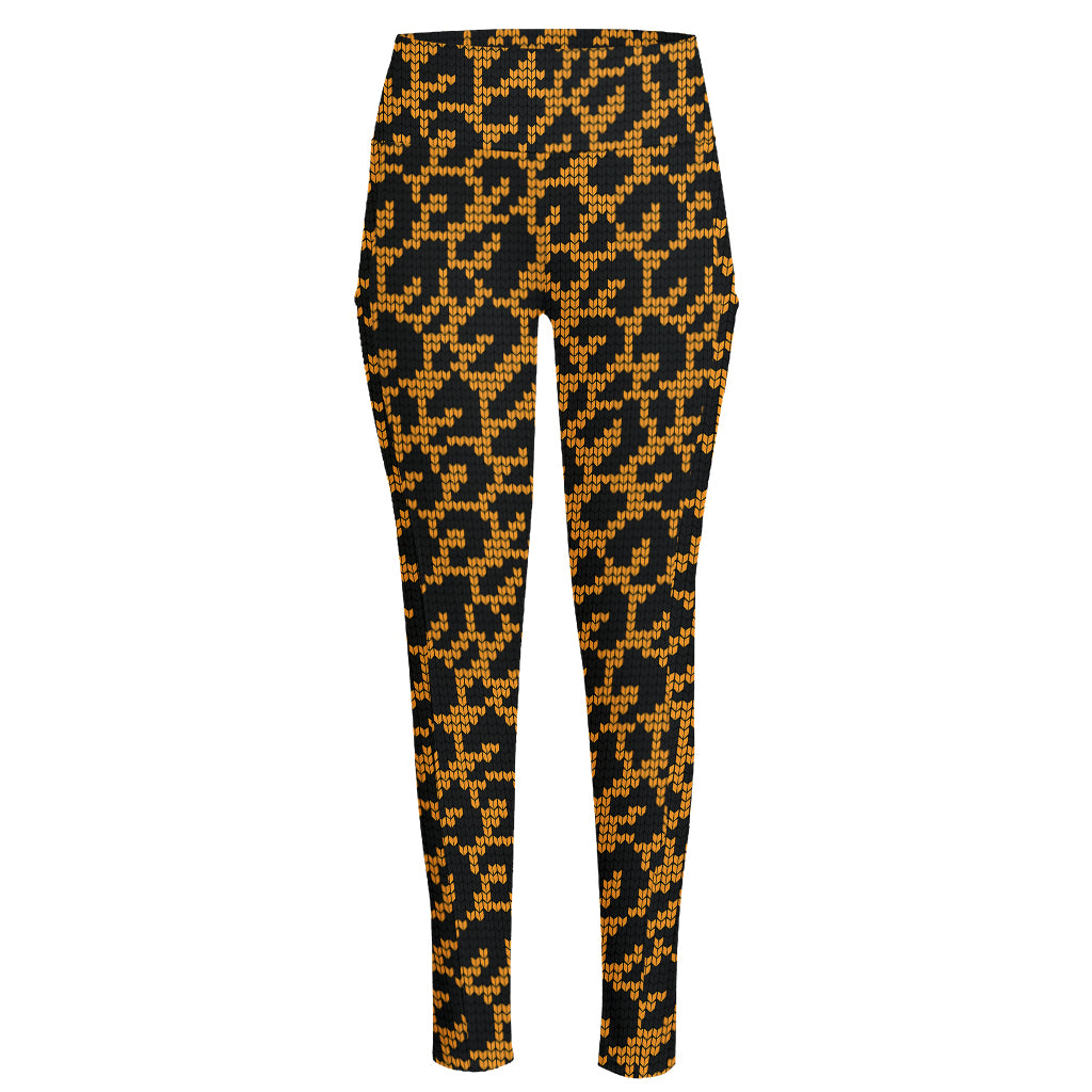 Wild Leopard Knitted Pattern Print High-Waisted Pocket Leggings
