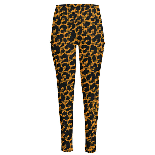 Wild Leopard Knitted Pattern Print High-Waisted Pocket Leggings