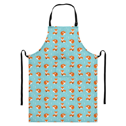 Winter Fox Pattern Print Bib Apron With Pocket