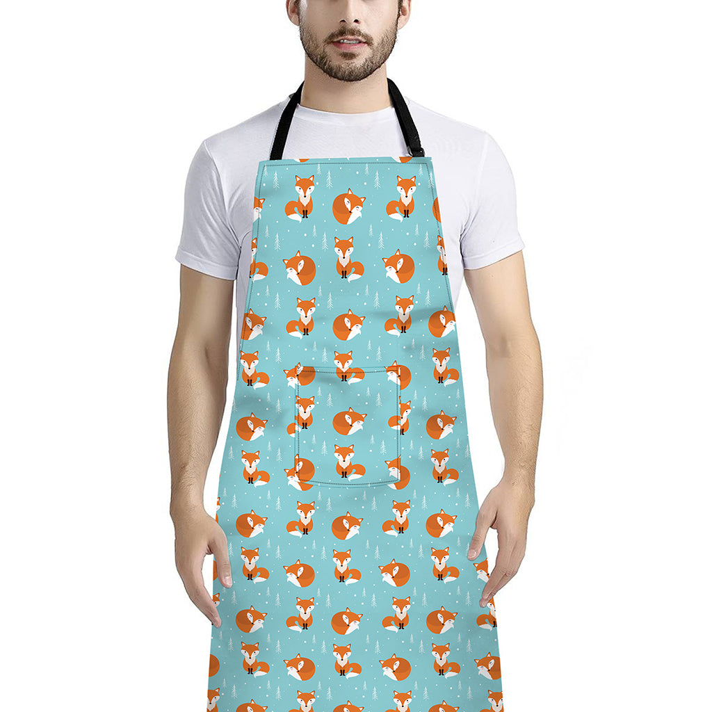 Winter Fox Pattern Print Bib Apron With Pocket