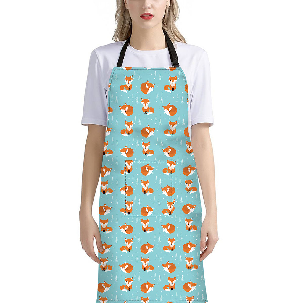 Winter Fox Pattern Print Bib Apron With Pocket