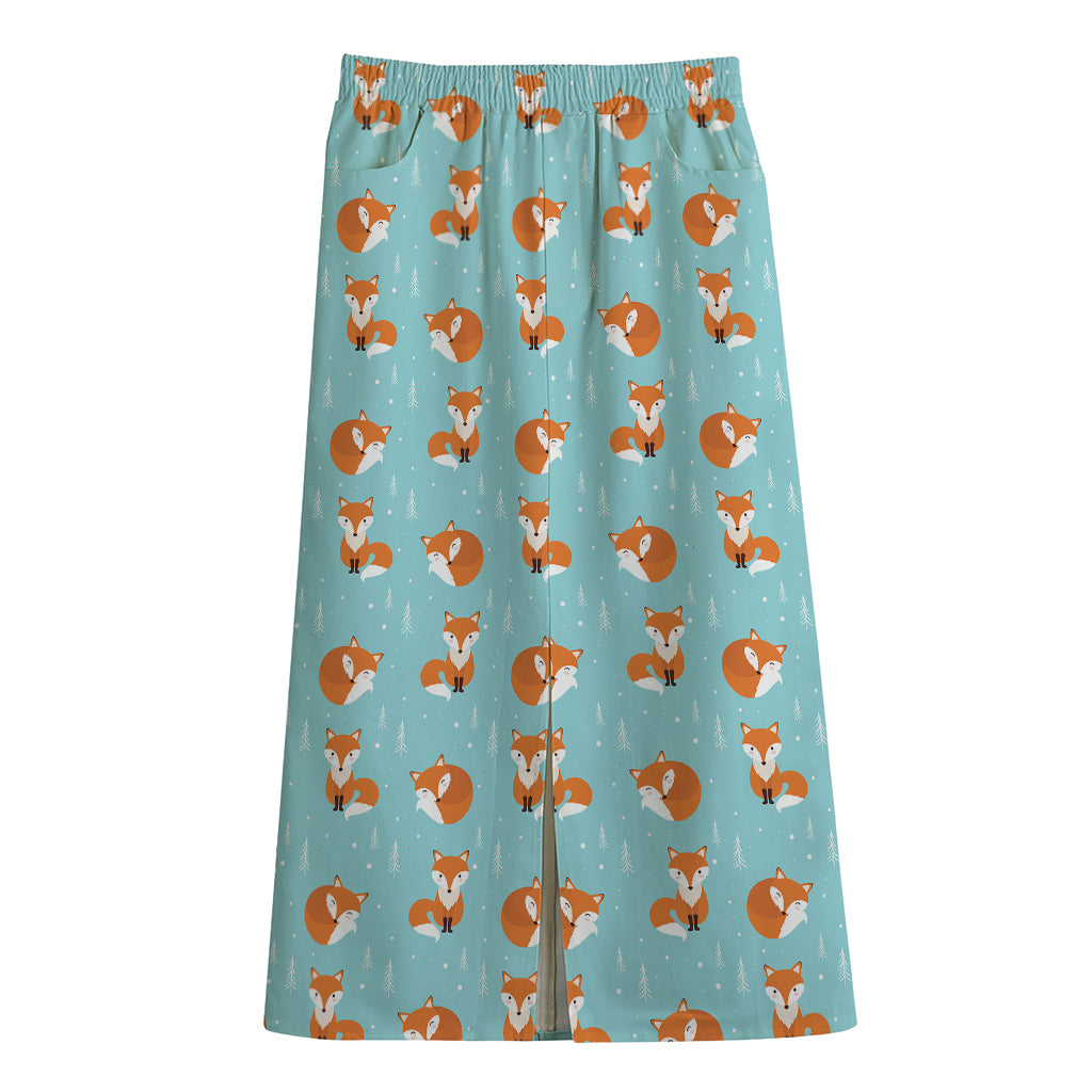 Winter Fox Pattern Print Cotton Front Slit Maxi Skirt