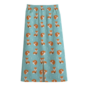 Winter Fox Pattern Print Cotton Front Slit Maxi Skirt