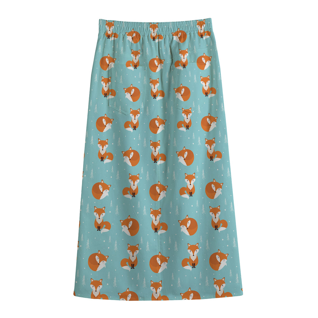 Winter Fox Pattern Print Cotton Front Slit Maxi Skirt