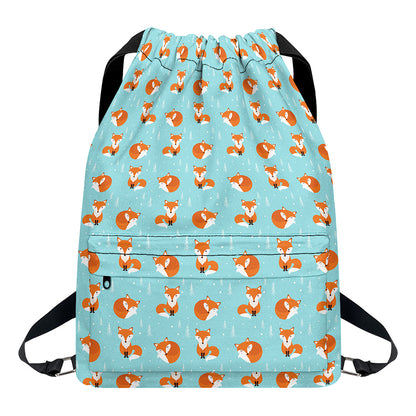 Winter Fox Pattern Print Drawstring Backpack