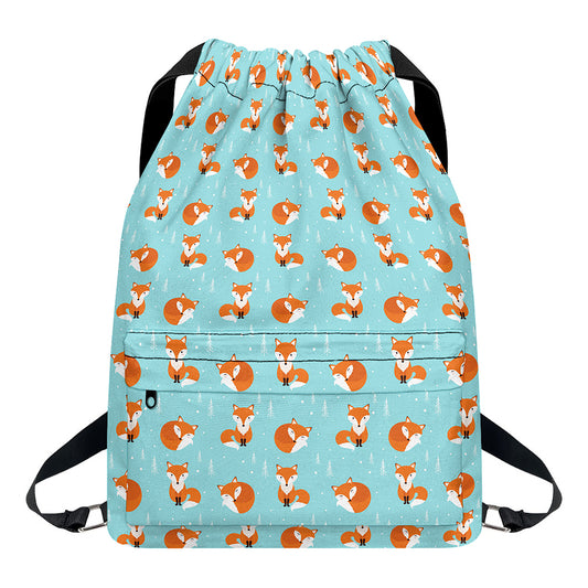 Winter Fox Pattern Print Drawstring Backpack