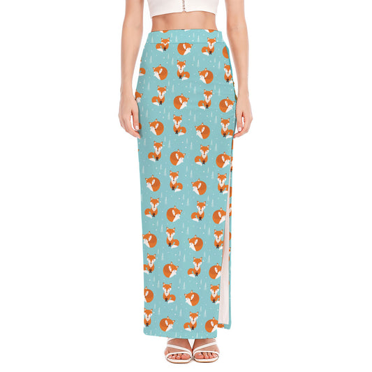 Winter Fox Pattern Print High Slit Maxi Skirt