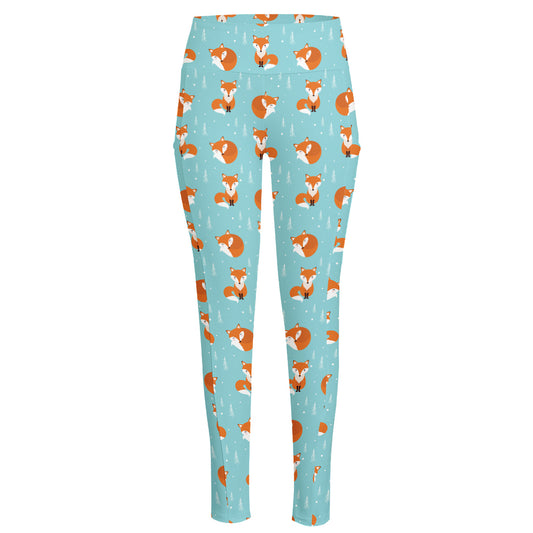 Winter Fox Pattern Print High-Waisted Pocket Leggings