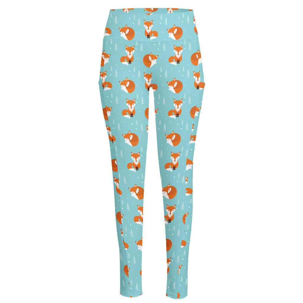 Winter Fox Pattern Print High-Waisted Pocket Leggings