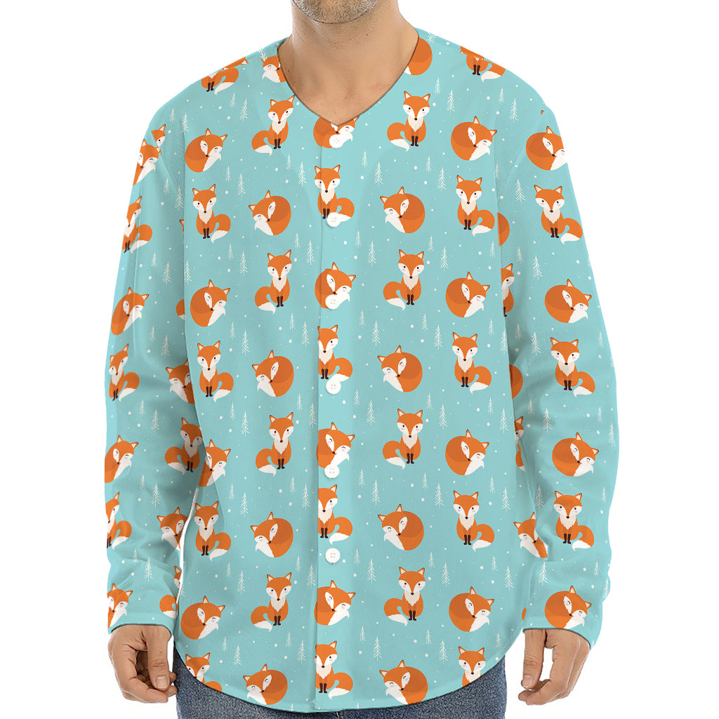 Winter Fox Pattern Print Long Sleeve Baseball Jersey