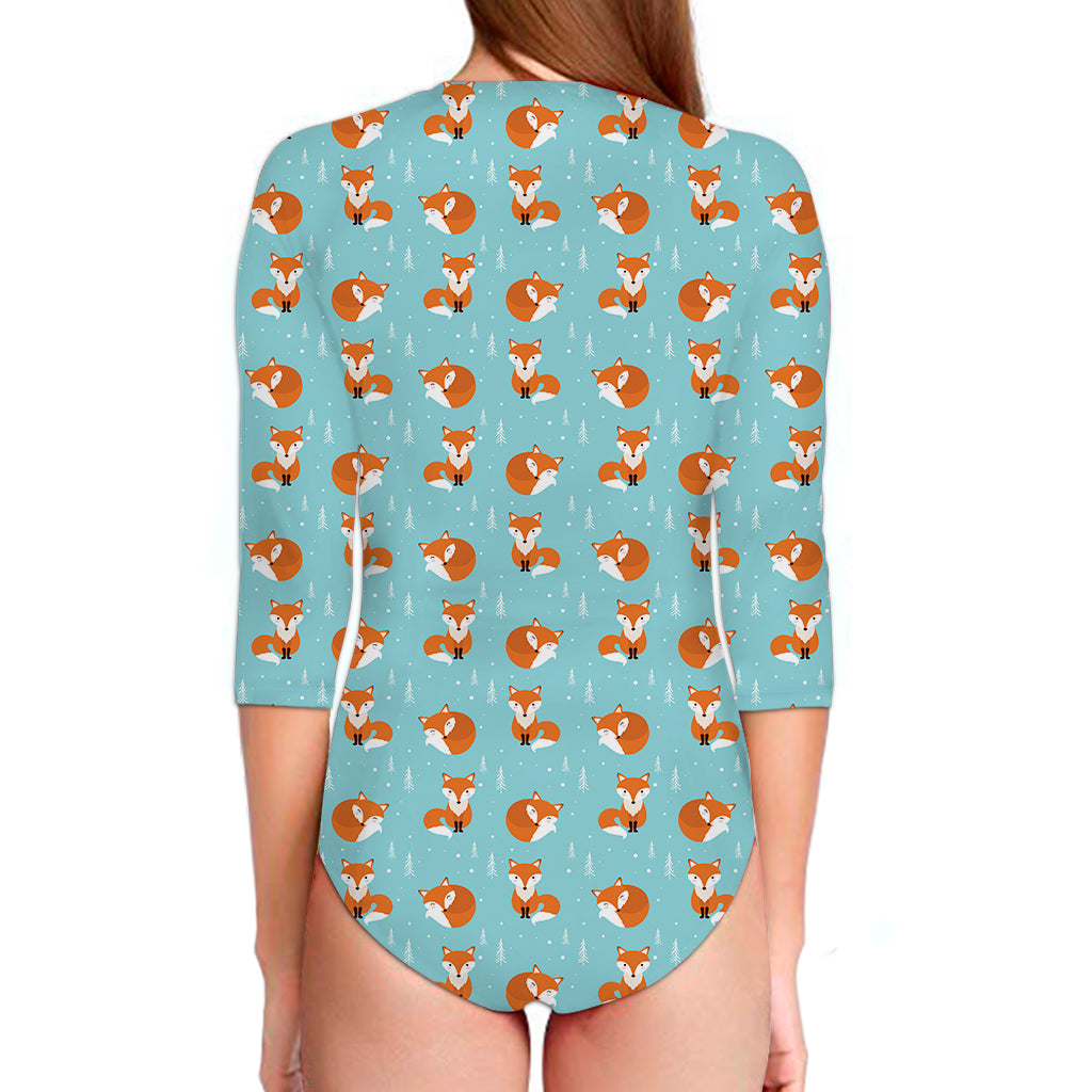 Winter Fox Pattern Print Long Sleeve Swimsuit