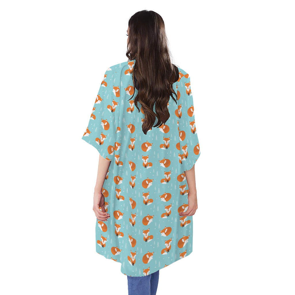 Winter Fox Pattern Print Open Front Beach Cover Up