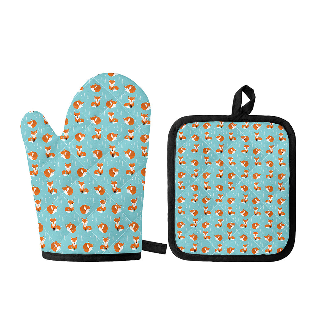 Winter Fox Pattern Print Oven Mitt And Pot Holder Set