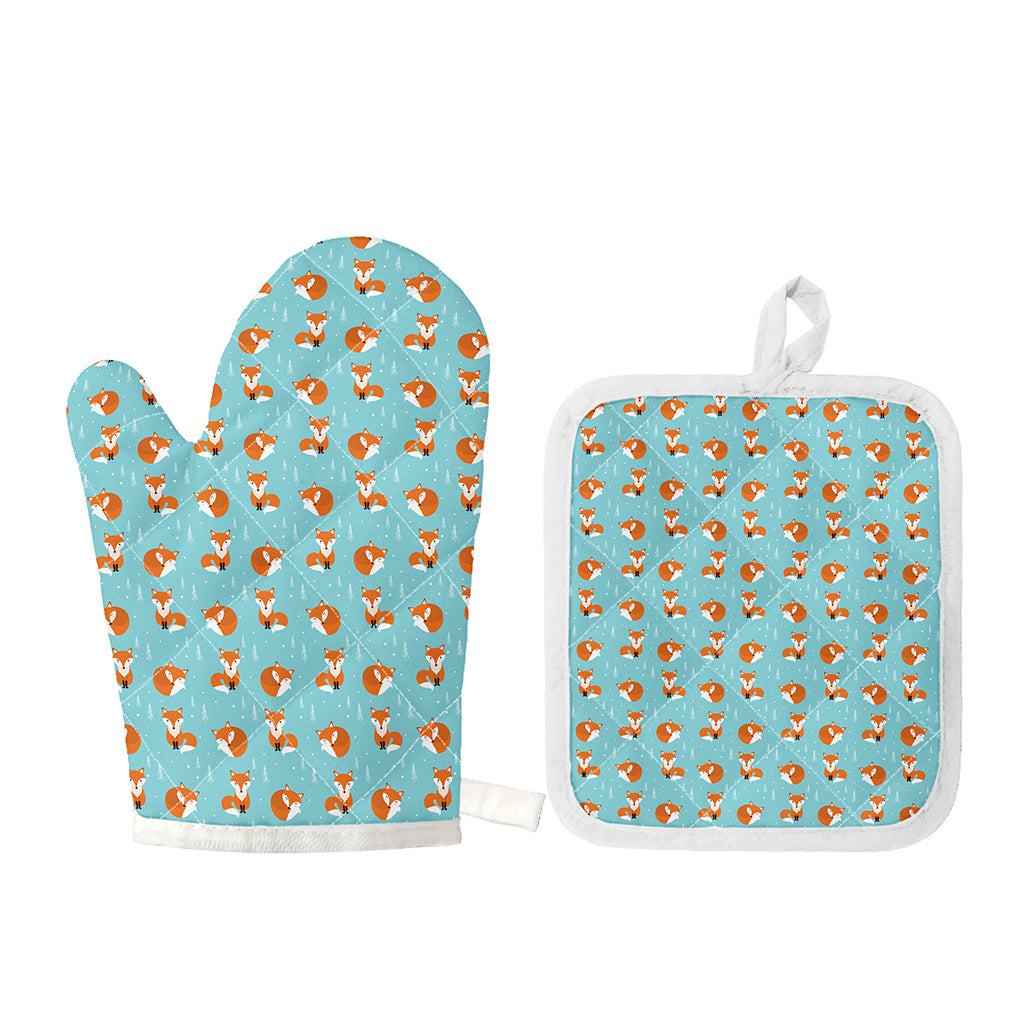 Winter Fox Pattern Print Oven Mitt And Pot Holder Set