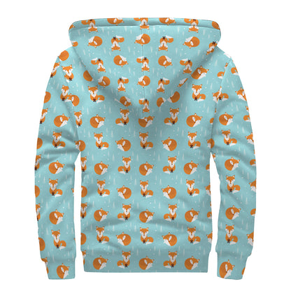Winter Fox Pattern Print Sherpa Lined Zip Up Hoodie