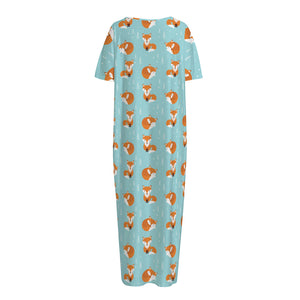 Winter Fox Pattern Print Short Sleeve Long Nightdress