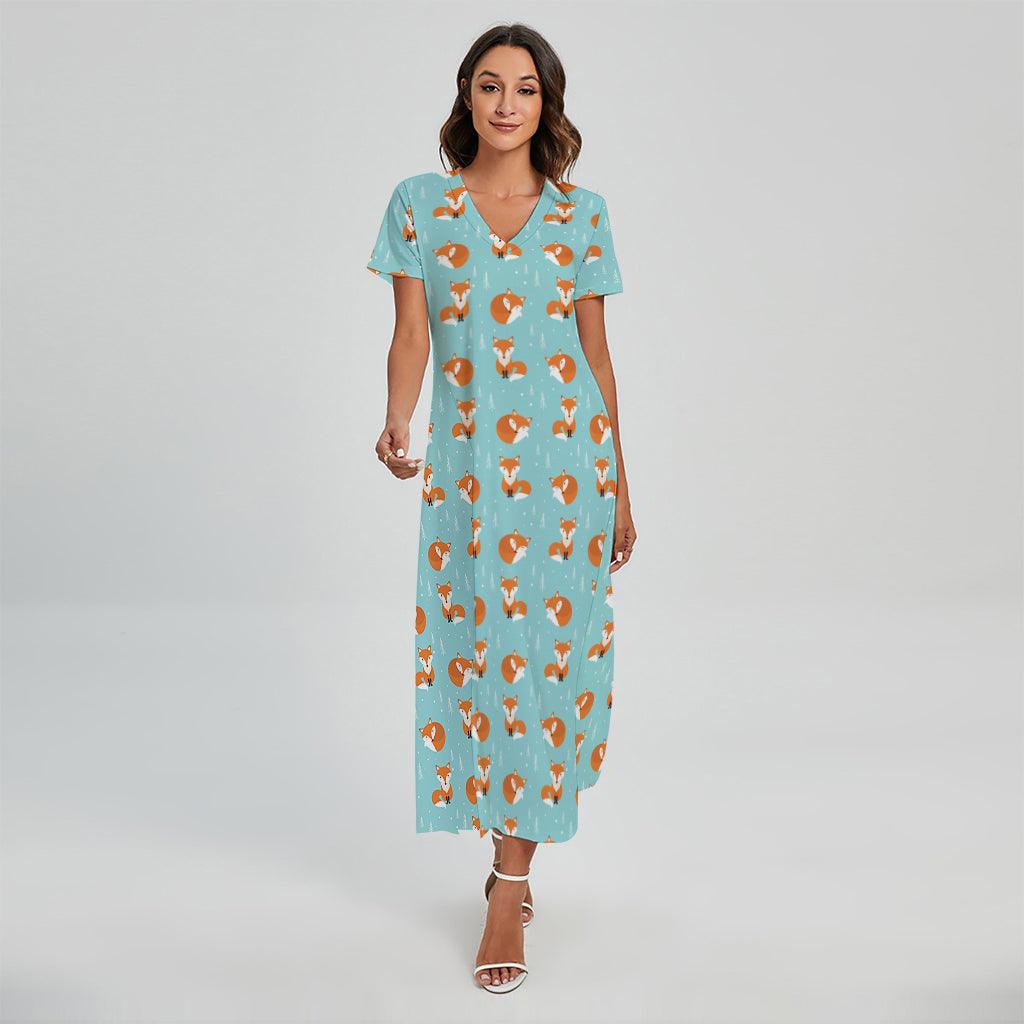 Winter Fox Pattern Print Short Sleeve Maxi Dress