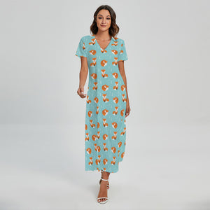 Winter Fox Pattern Print Short Sleeve Maxi Dress