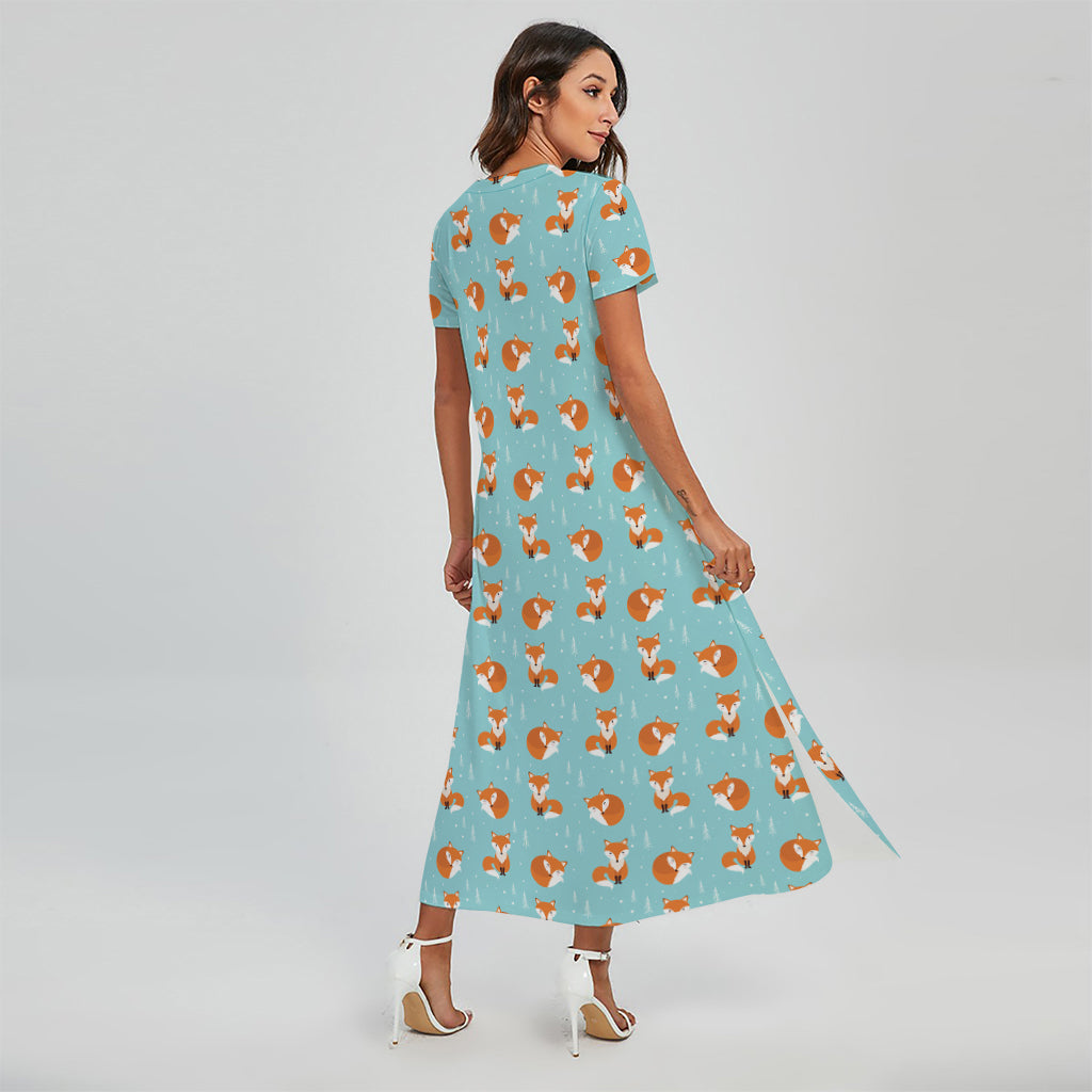 Winter Fox Pattern Print Short Sleeve Maxi Dress