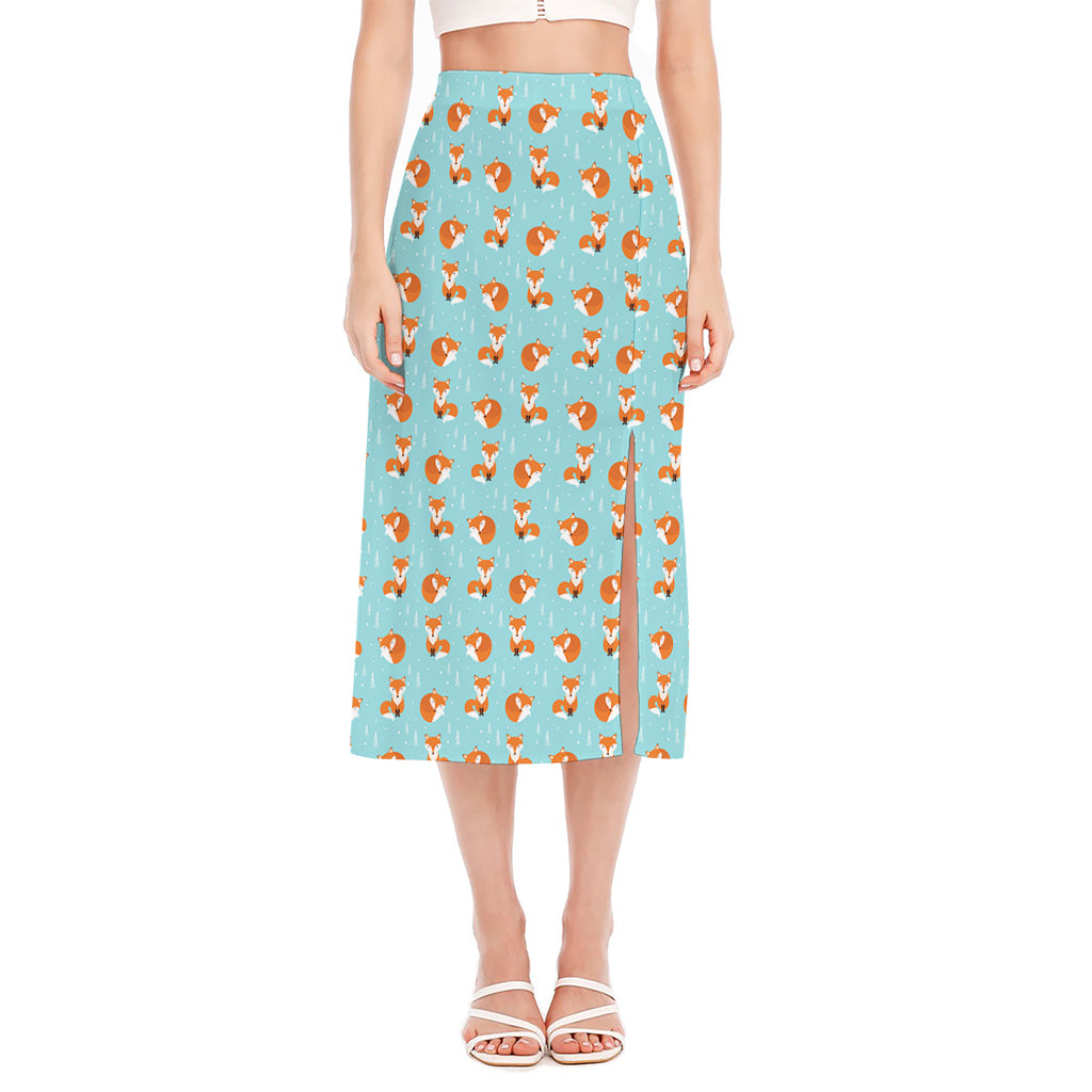 Winter Fox Pattern Print Side Slit Midi Skirt