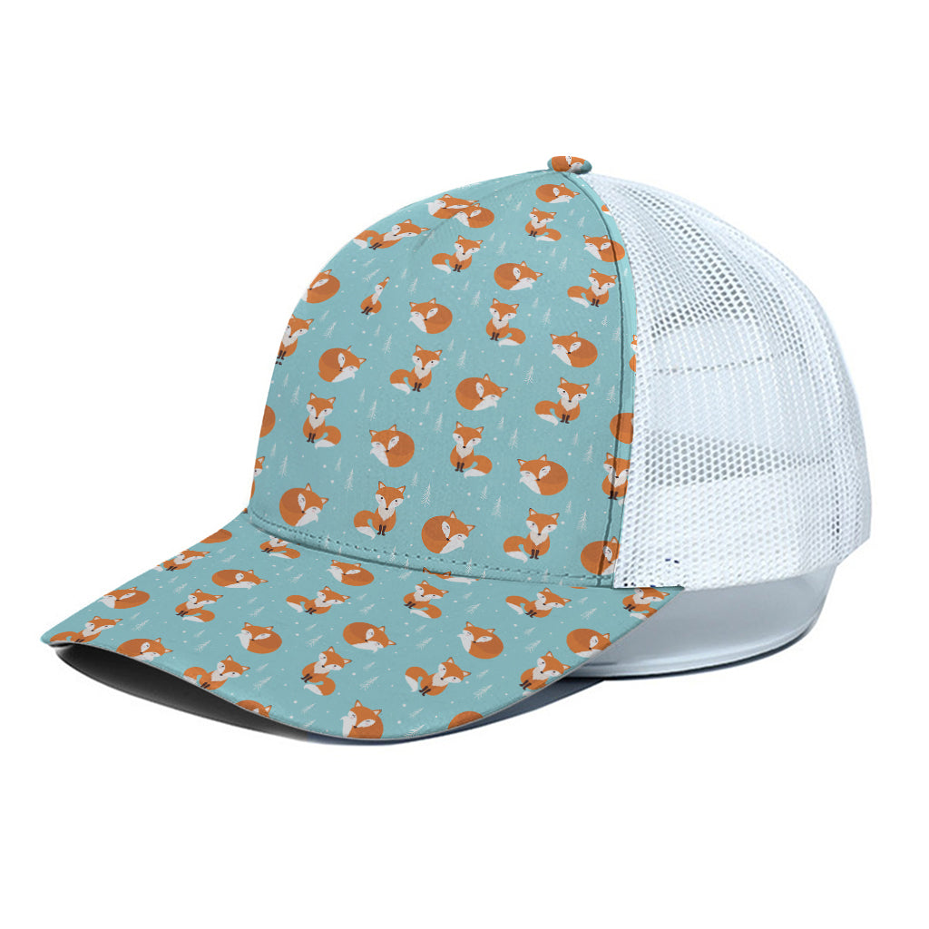 Winter Fox Pattern Print White Mesh Trucker Cap