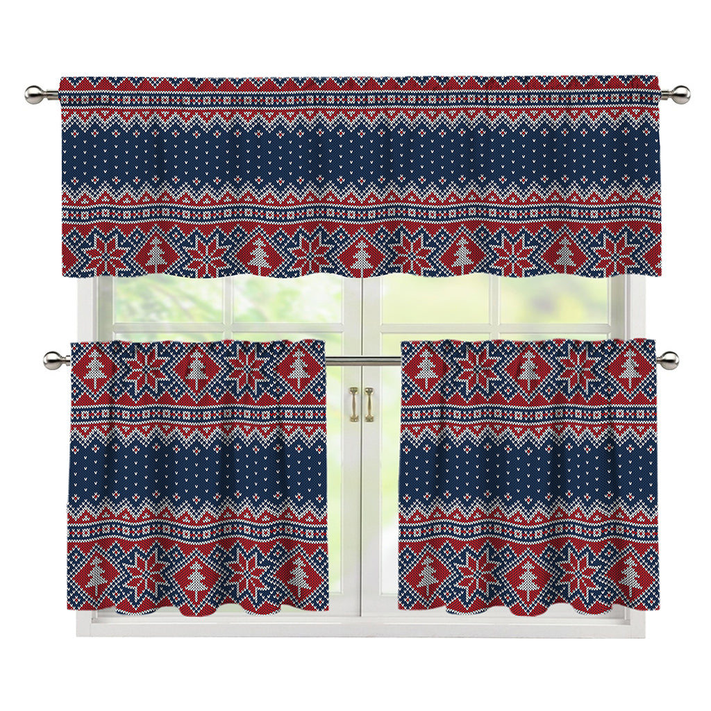 Winter Holiday Knitted Pattern Print 3 Piece Kitchen Curtains