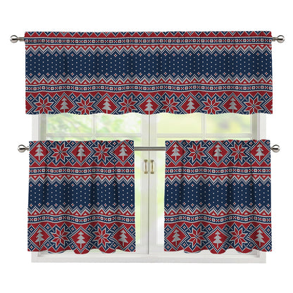 Winter Holiday Knitted Pattern Print 3 Piece Kitchen Curtains