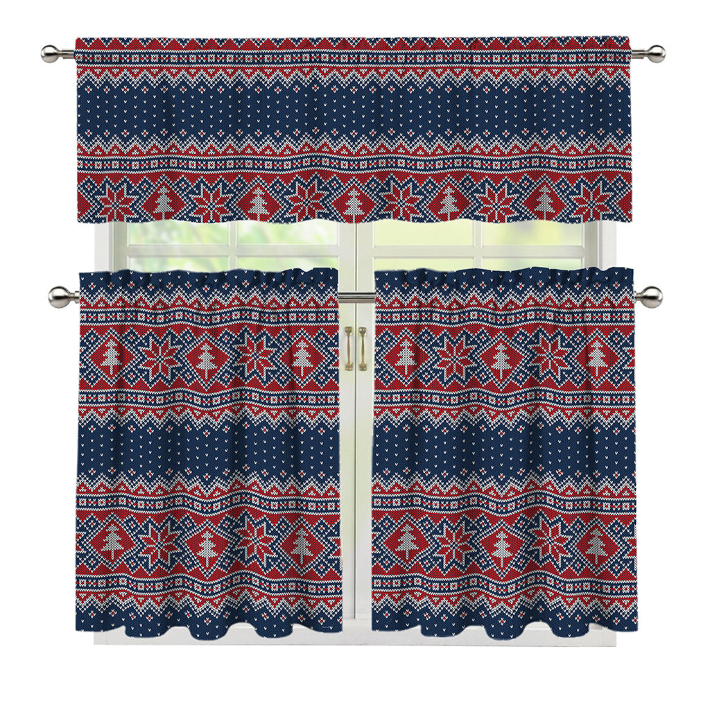 Winter Holiday Knitted Pattern Print 3 Piece Kitchen Curtains