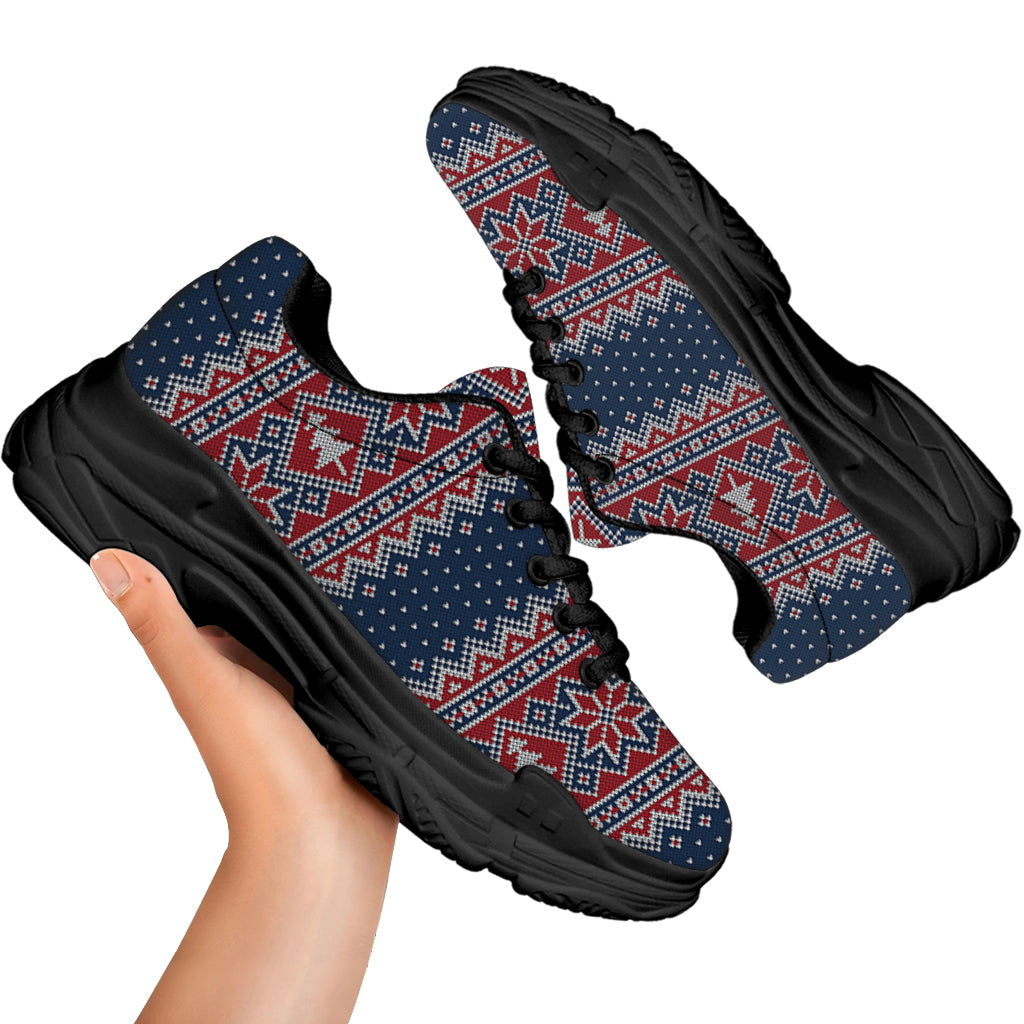 Winter Holiday Knitted Pattern Print Black Chunky Shoes