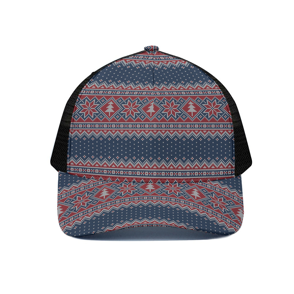 Winter Holiday Knitted Pattern Print Black Mesh Trucker Cap