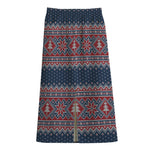 Winter Holiday Knitted Pattern Print Cotton Front Slit Maxi Skirt
