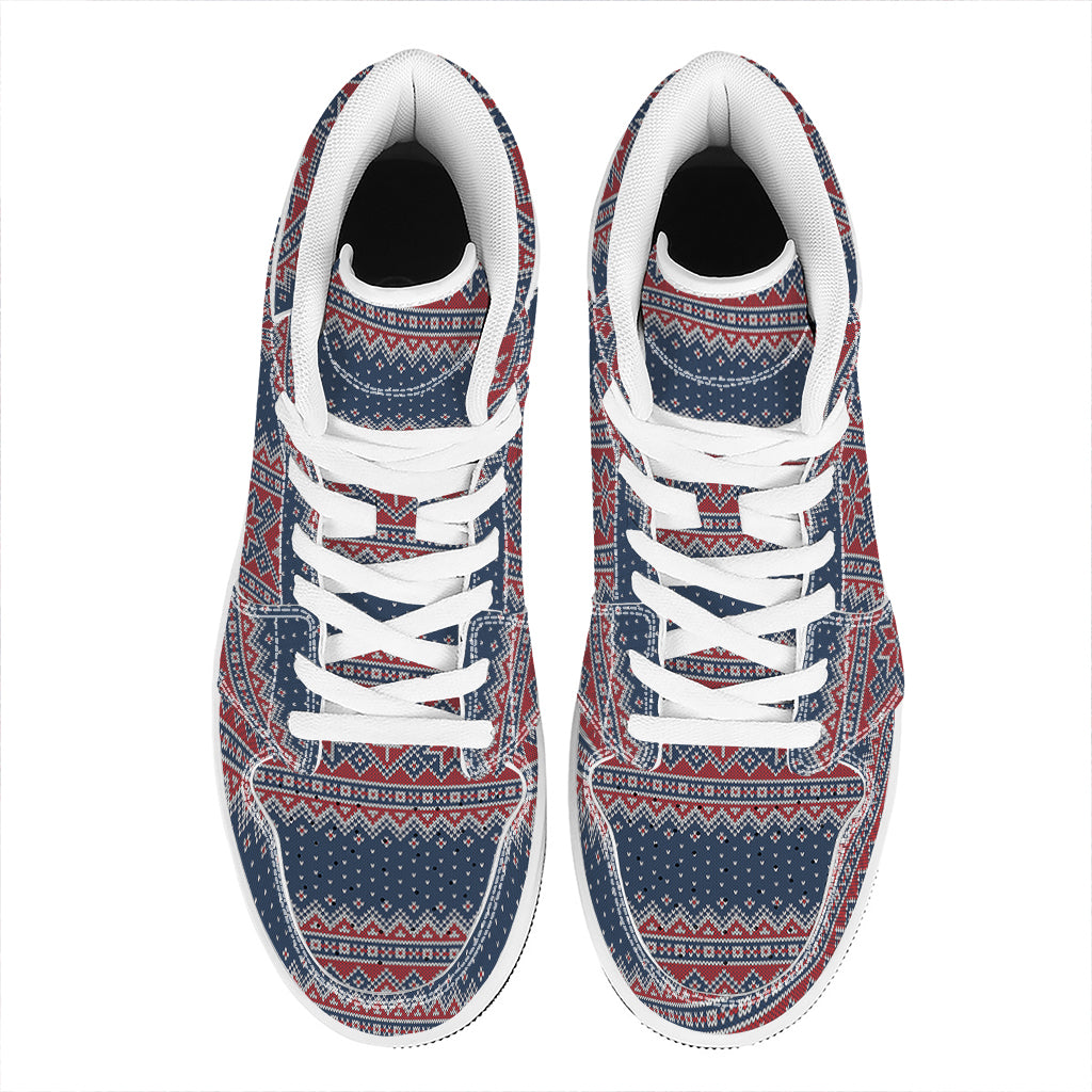 Winter Holiday Knitted Pattern Print High Top Leather Sneakers
