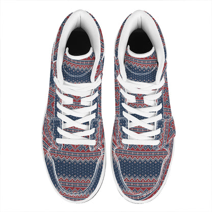 Winter Holiday Knitted Pattern Print High Top Leather Sneakers